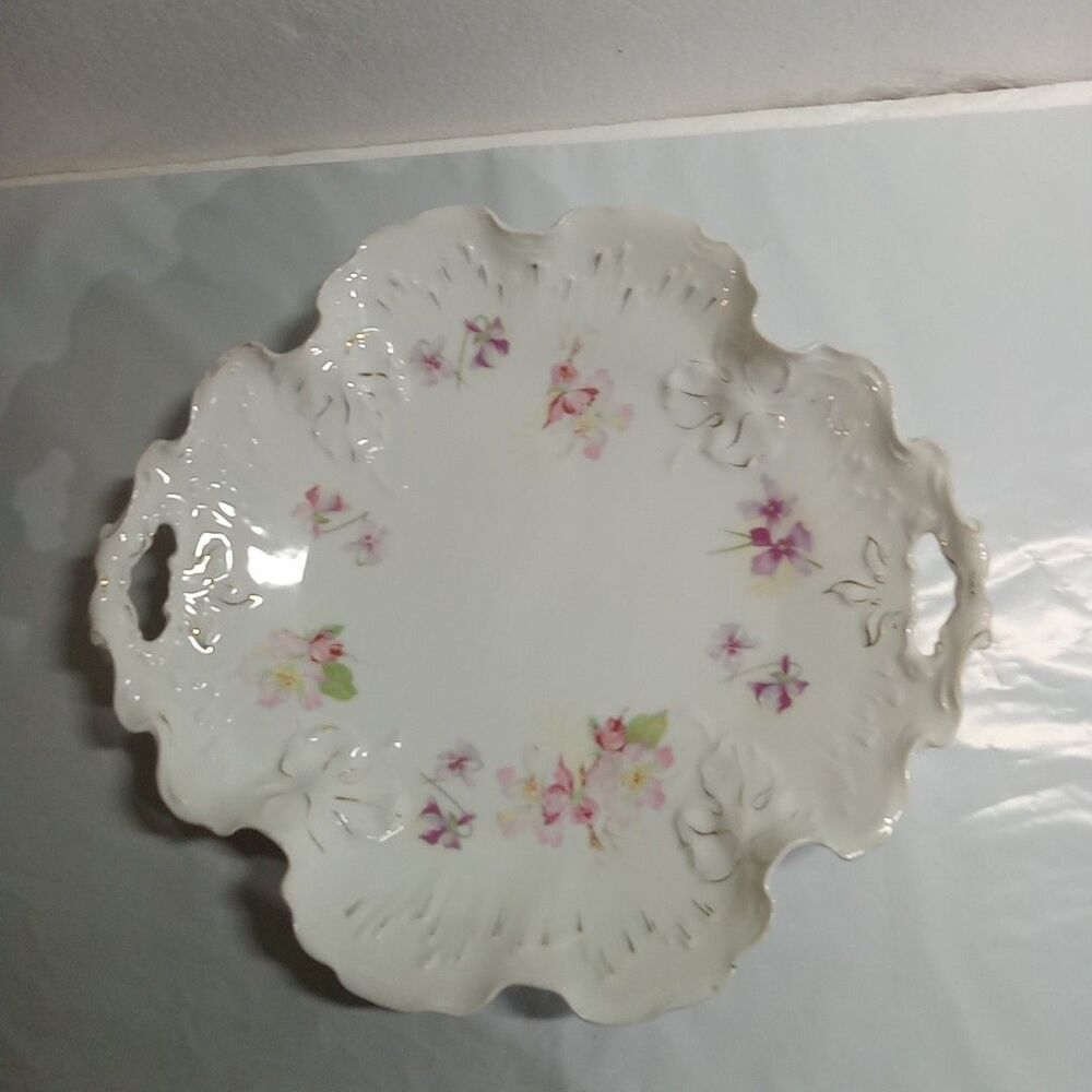 Antique B. R. C. Racine Bavaria Germany Handled Plate Floral Purple & Pink